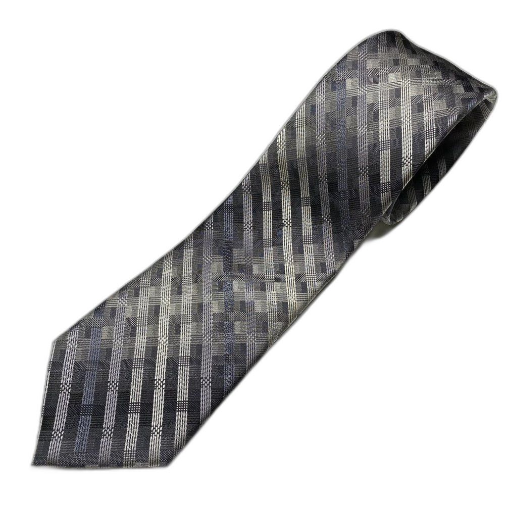 Van Heusen 100% Silk Men's Tie Textured Grey Blue Striped Checkered